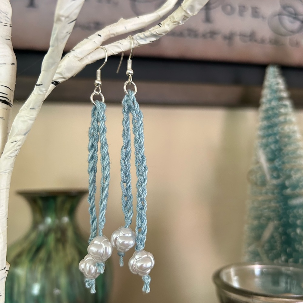 Blue Crocet Earrings with Pearl Accents. 3 inches long